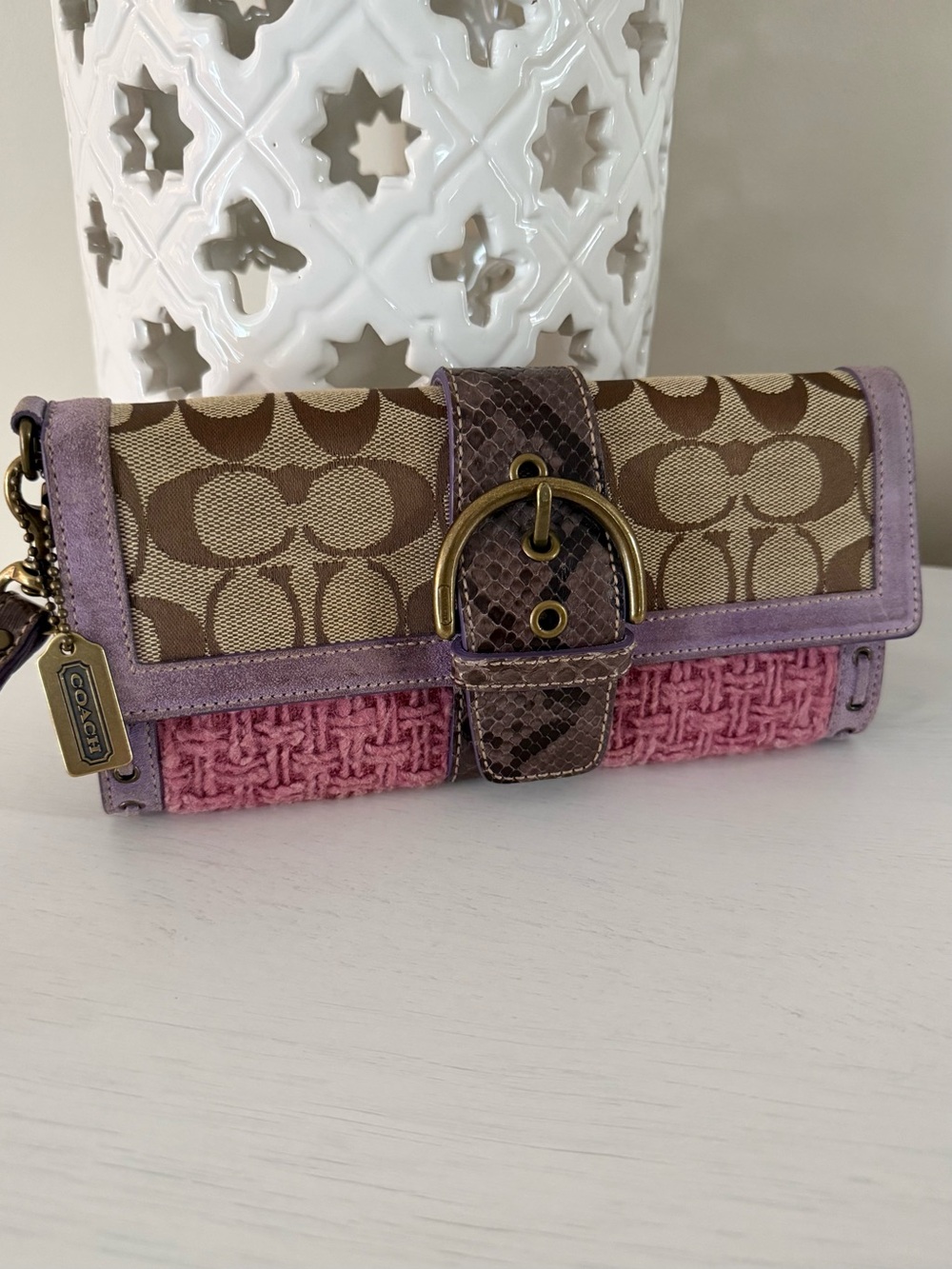 Coach Rare Vintage Clutch in Tweed, Suede, Python and Signature Jacquard Y2K